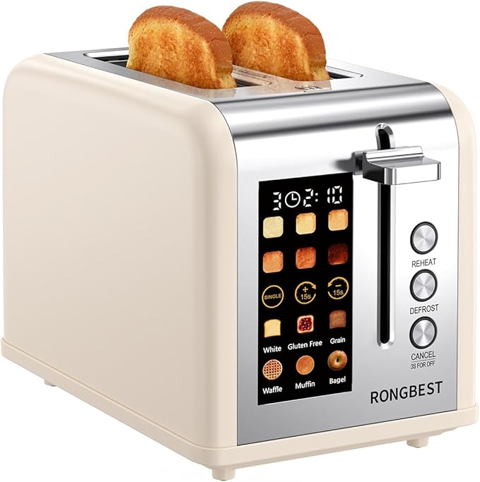 2 Slice Easy Touch Screen Toaster Stainless Steel Toaster with Wide Slots Even Toasting for Bagels &amp Bread Reheat &amp Defrost Removable Crumb Tray Cream Color