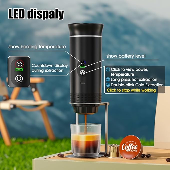 Portable Electric Coffee Maker Digital Display Compatible with Coffee PodsRechargeable Coffee Machine for Travel Camping RVHomeOffice (black)
