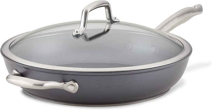 Anolon Accolade Forged Hard Anodized Nonstick Deep Frying Pan / Skillet with Helper Handle and Lid 12 Inch - Moonstone Gray