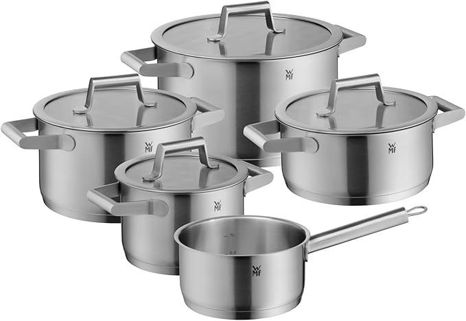 WMF Comfort Line Advantage Saucepan Set - 5-Piece Induction Cooking Pot With Glass Lid Cromargan Matte Stainless Steel Scale Stackable Uncoated