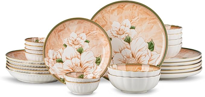 Plates and Bowls Sets for 6 24-Piece Dinnerware Set Ceramic Dish Sets for 6 with Camellia Floral Pattern Microwave &amp Dishwasher Safe for Everyday Use &amp Gift Giving