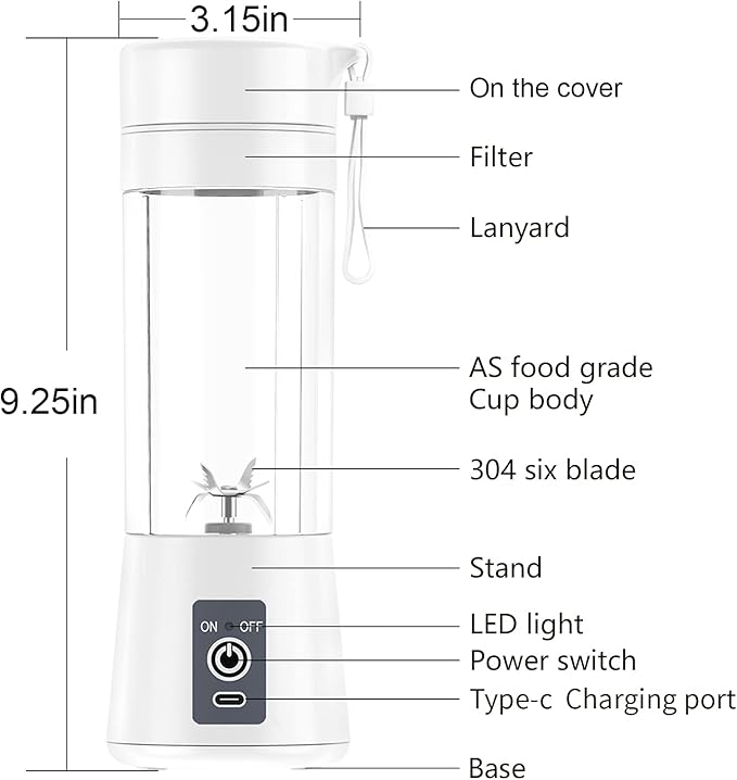 Portable Blender Personal Blender Mini Smoothies Shakes Juicer Cup USB Rechargeable White