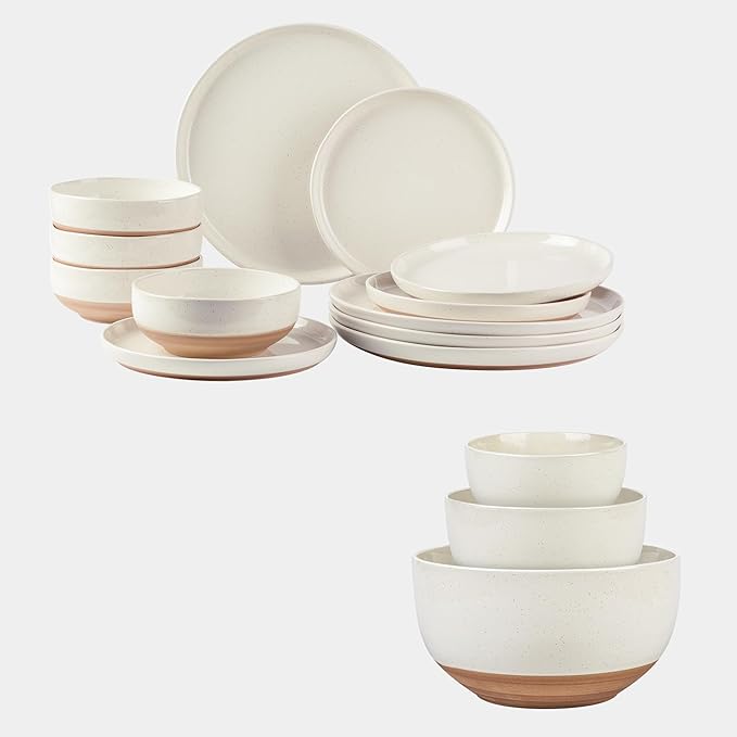 AmorArc Ceramic Dinnerware Sets Handpainted Plates and Bowls Set with Rustic Terracotta Underside Scratch Resistant Stoneware Dishes Set Dishwasher &amp Microwave Safe