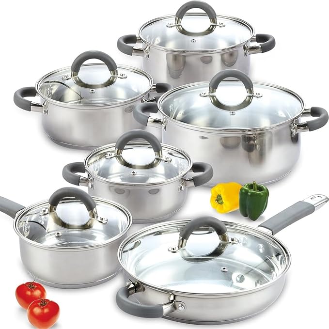 Kitchen Cookware Sets 12 Piece Basic Stainless Steel Pots and PansSilver HandleOne-Grey Silicone Handle-One