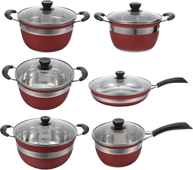 PRETYZOOM 12pcs Stainless Steel Cookware Set with Glass Lids - Induction Kitchen Pots And Pans - Including Fry Pans Saucepans Dutch Oven - Kitchen Essential Cooking Kit