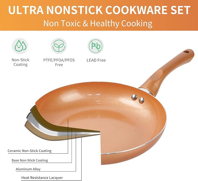 Pots and Pans Set Ultra Nonstick Pre-Installed 11pcs Cookware Set Copper with Ceramic Coating Stay cool handle &amp Nylon Kitchen Utensils Gas/Induction Compatible 100% PFOA Free