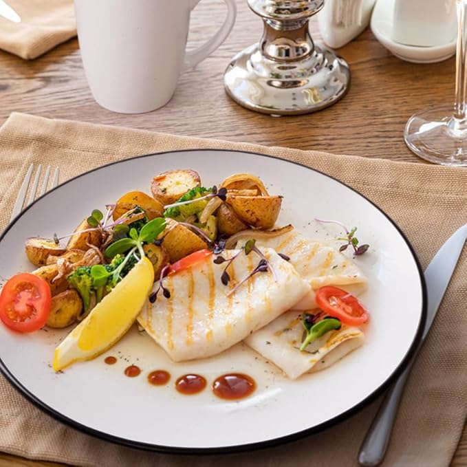 Homlouue 16 Pieces Stoneware Dinnerware Set Speckled Ceramic Plates and Bowls Mugs Sets Service for 4 Ceramic Dishes Set Microwave and Dishwasher Safe(White with Black Rim)