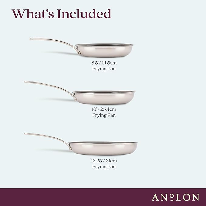 Anolon EverLast Ceramic Nonstick Frying Pans/Skillets Clad Induction 3 Piece Set 8.5 Inch 10 Inch and 12.25 Inch Open Fry Pans - Stainless Steel