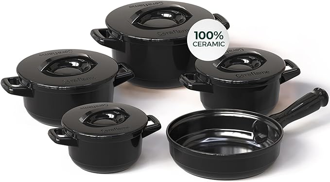 Pure Ceramic Healthy Non Toxic Cookware Set - Oven Safe Up to 1200F Microwave and Dishwasher Safe Longlasting and Lightweight - PFAS PTFE PFOA PFOS - Black