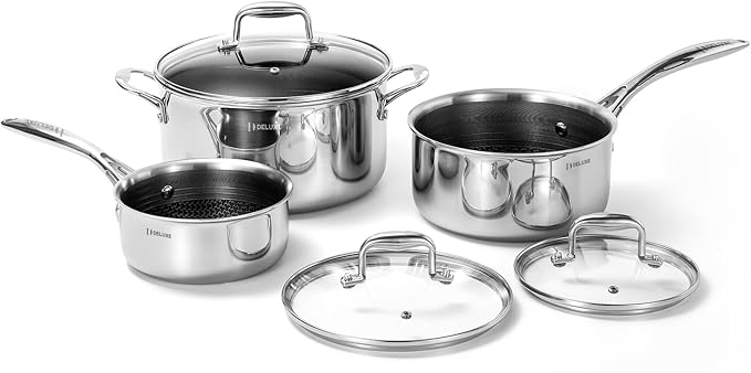 DELUXE Hybrid Ceramic Nonstick 6 PCS Pot Set 1.3 3&amp5.4-Quart Pot with Tempered Glass Lid Stainless Steel Cookware Pots with Stay-Cool Handle Dishwasher Safe Compatible with All Cooktops