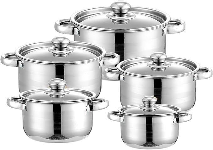 10-Piece Kitchen Pot and Pan Set Non Stick Stainless Steel Cookware Set Kitchen Aid Classic Cooking Set with Lids Soup Pot Compatible with All Cooktops(Gas Electric &amp Induction)Silver