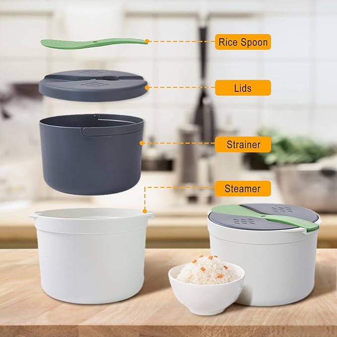 2L Microwave Rice CookerMicrowave Cookware with Lid and Strainer Food Grade PP Microwave Rice Steamer Cooker Microwave Rice Maker Easy To Use (green) Microwavable Rice Cooker Microwave