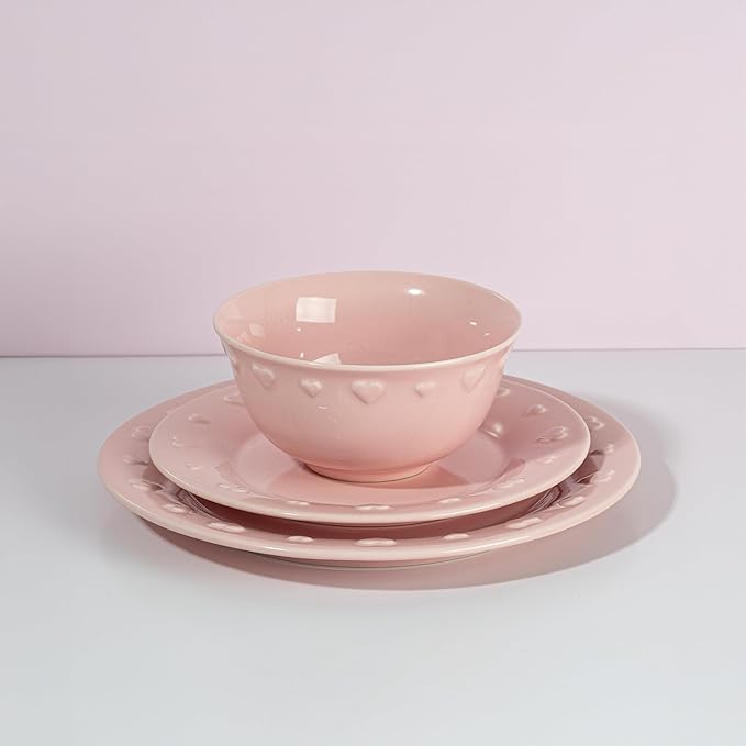 Paris Hilton 12-Piece Dinnerware Set Embossed Hearts. Iconic Ceramic Stoneware Service for 4 with Dinner Plates Salad Plates and Bowls Microwave &amp Dishwasher Safe Pink