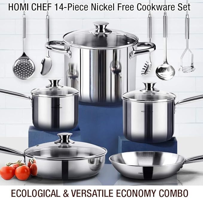 HOMICHEF 14-Piece Nickel Free Stainless Steel Cookware Set - Nickel Free Pots and Pans Set - Non-Toxic Healthy Induction Cookware