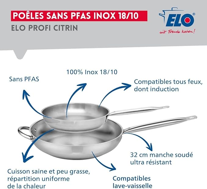 ELO 9506650 Cookware Set 5 Pieces 2 Frying Pans 24 and 32 cm and 3 Saucepans 12 20 and 26 cm Elo Profi Citrine Stainless Steel Induction
