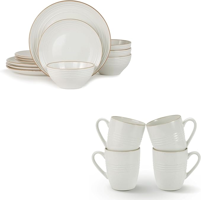 Famiware Jupiter Plates and Bowls Set with Coffee Mugs Set 16 Pieces Dinnerware Sets White