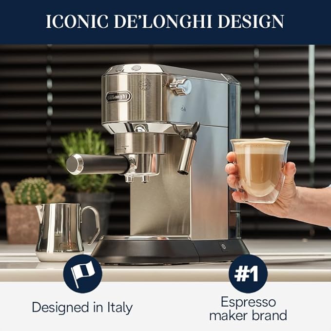 De’Longhi Dedica Espresso Machine with Manual Milk Frother 15-Bar Pump &amp Adjustable Tray - Home Barista Coffee Maker for Espresso Latte Cappuccino &amp Iced Coffee - Italian Stainless Steel De