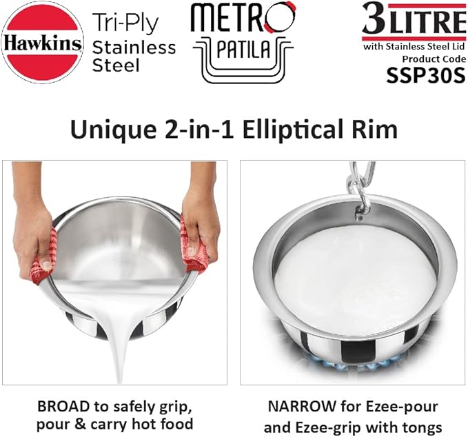 HAWKINS 3 Litre Metro Patila Triply Stainless Steel Tope with Stainless Steel Lid Induction Bhagona Tapeli Silver (SSP30S)