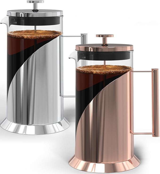Cafe Du Chateau French Press Coffee Maker Bundle – Stainless Steel Design with 4-Level Filtration for Rich Smooth Brews at Home or Office