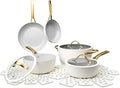 12 Pc Ceramic Cookware Set Nonstick Pots Pans and Fry Pans – Ceramic Non-Stick Ribbed Cookware Set Ergonomic Stay Cool Handles 446°F Oven Safe Dishwasher Safe (White)