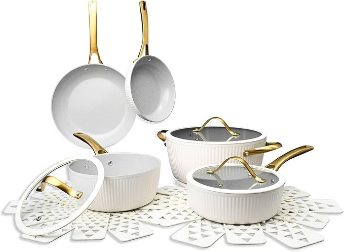 12 Pc Ceramic Cookware Set Nonstick Pots Pans and Fry Pans – Ceramic Non-Stick Ribbed Cookware Set Ergonomic Stay Cool Handles 446°F Oven Safe Dishwasher Safe (White)