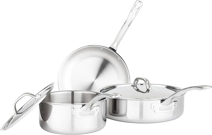 Viking Culinary 3-Ply Stainless Steel Cookware Set with Metal Lids 5 Piece Dishwasher Oven Safe Works on All Cooktops including Induction