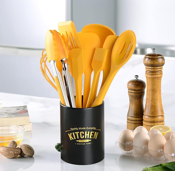 11Pcs Silicone Cooking Utensils Set - Heat Resistant Kitchen Tools Spatula Turner Tongs Spoon Whisk BPA Free Dishwasher Safe Nonstick Cookware Utensils (Yellow)