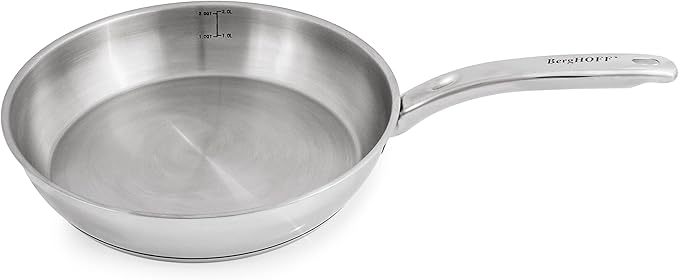 Berghoff Belly Shape18/10 Stainless Steel 3Pc Cookware Set Fry Pan 8 Inches Skillet 2.5qt. Glass Lid Fast Evenly Heat Induction Cooktop Ready Dishwasher Safe