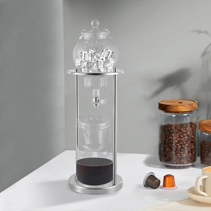 Luxury Ice Cold Brew Dripper Coffee Maker in Stainless Steel and Borosilicate Glass 600 ml Silver