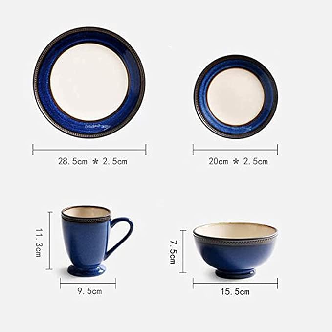 Ceramic Dinner Plate SetsFine 4 Piece Dinnerware Set Durable Vintage Design in Cobalt Blue and Gold Rim Plates Bowls Coffee Cups Service for 1