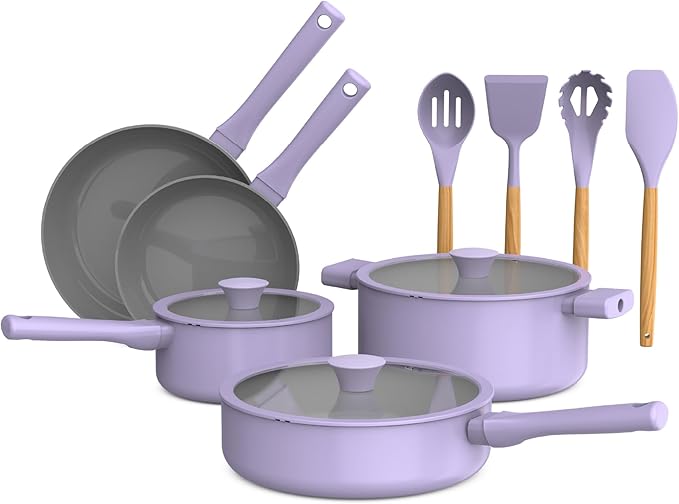 So Yummy by bella 12 Piece Cookware Set w EverGood™ Ceramic Nonstick Coating and Silicone &amp Wood Utensils Dishwasher Safe Silicone &amp Glass Lids Oven Safe &amp All Stovetop Compatible Lave