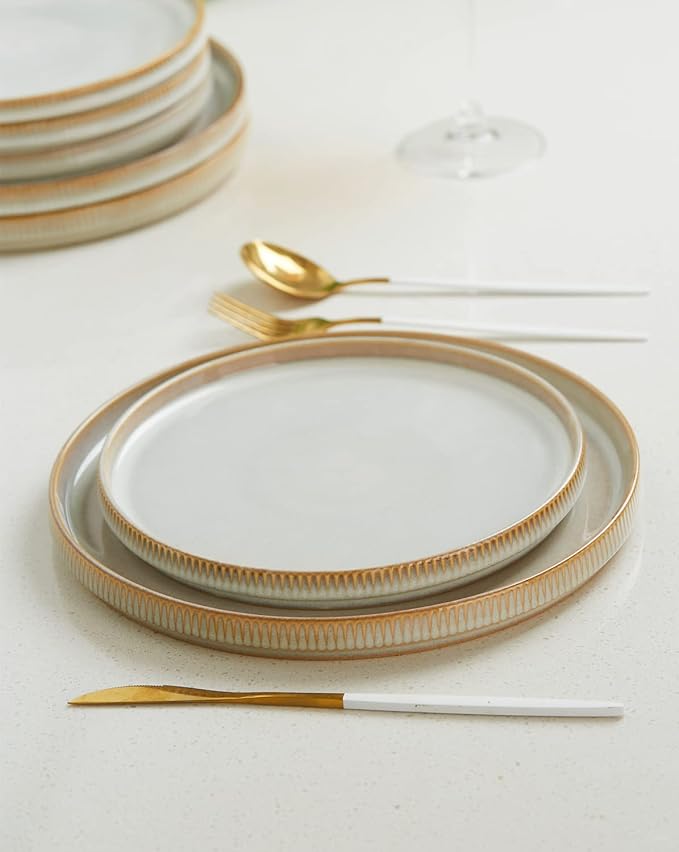 Famiware Dinnerware Set for 4 (12 Piece) and 8 Salad Plates for 6 - Cappuccino White