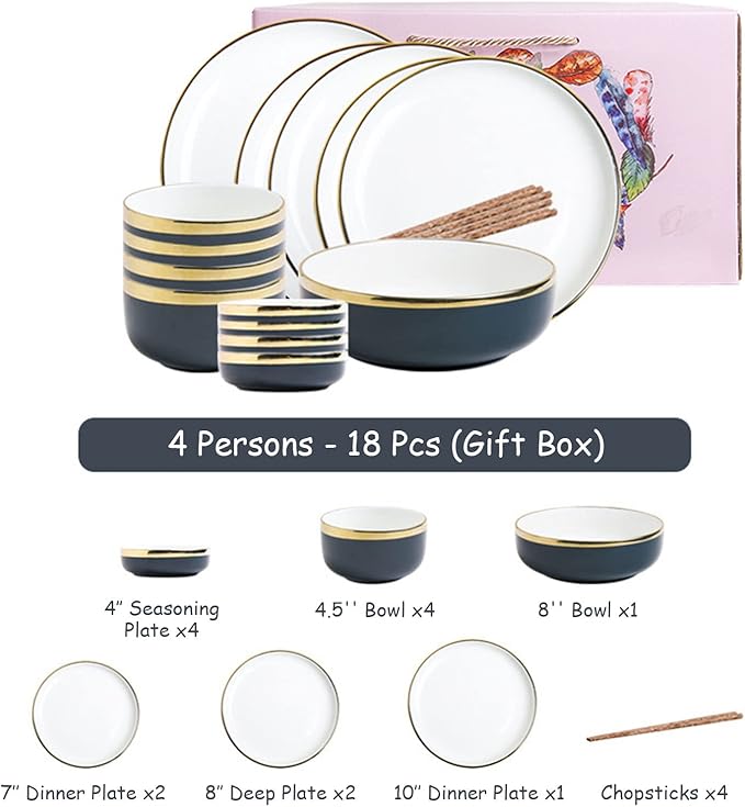18 Piece Dinnerware Set Service for 4 People Plates and Bowls Sets Round Gold Trim Ceramic Dinner Set Porcelain Dinnerware Set Dish Set Tableware Multiplayer Set Salad Bowl HOM