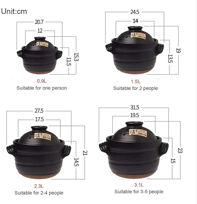 Clay Rice PotJapanese Rice Cooker with Double LidRound Ceramic CasseroleHeat Resistant Glazed Earthenware PotSlow Stew PotStockpotHot Pot Black 0.9l (Black 2.3L)