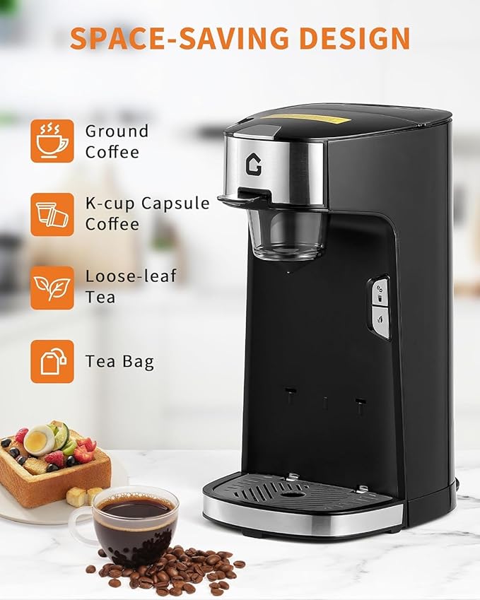 Single Serve Coffee Maker One-Button Fast Brew for Capsule Ground &amp Tea Pod Coffee Maker for Home Office RV Camping Auto Shut Off Adjustable Tray