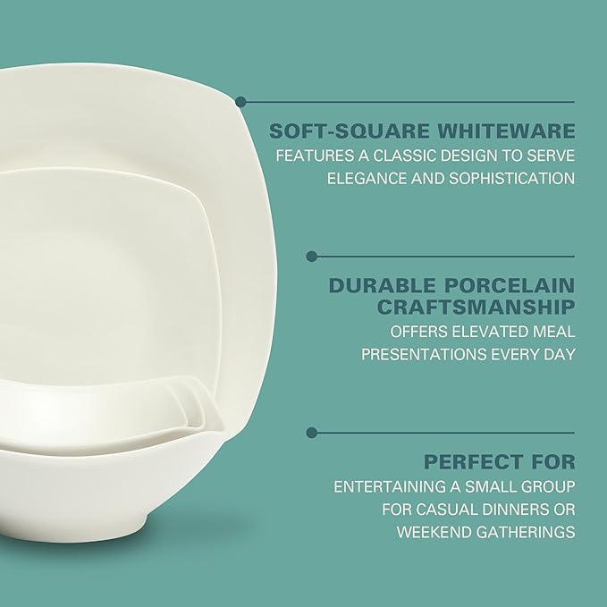Gibson Home Brentwood 40-Piece Dinnerware Set – Square White Porcelain Plates and Bowls Service for 8 Dishwasher &amp Microwave Safe Modern Everyday Dinner Set with Cereal Dessert and Entrée Bow