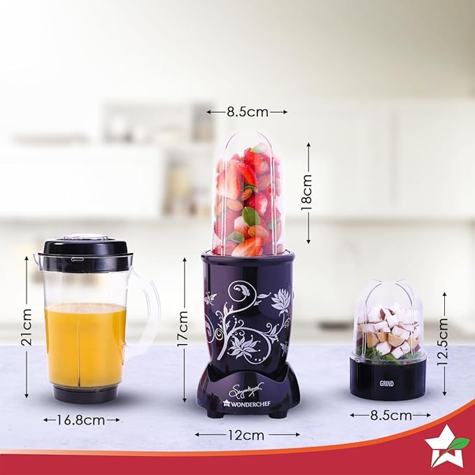 Wonderchef Nutri-blend Juicer Mixer Grinder Blender &amp Smoothie Maker 500W 22000 RPM Full Motor Unbreakable Jars Recipe book by Chef Sanjeev Kapoor 2 Jar 3 Jar Black