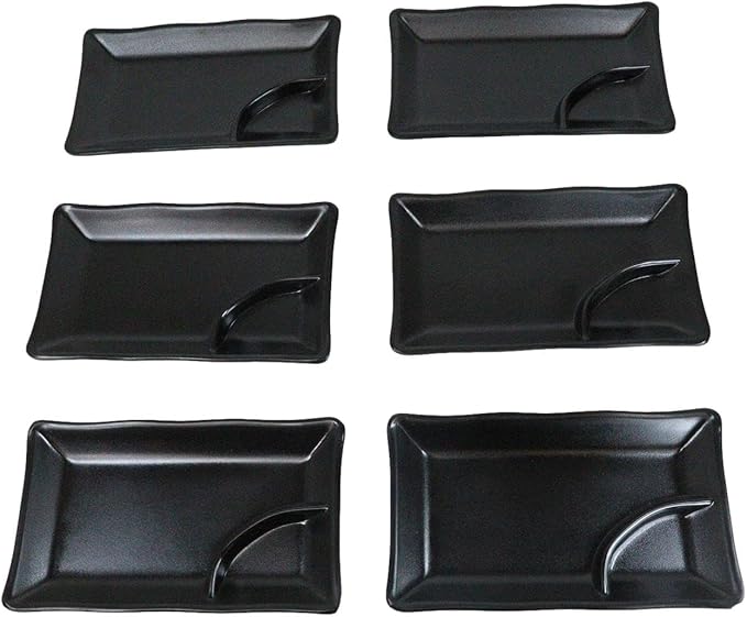 Ebros Gift Contemporary Ridged Matte Black Melamine Series Dinnerware Serveware Kitchenware Set Japanese Chinese Restaurant Supply (Pack Of 6 Rectangular Sushi Appetizer Entree Partitioned Plates)