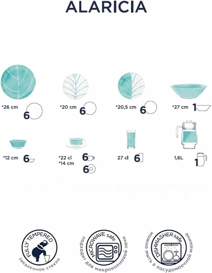 Alarcia Glass Dinnerware Set of 44 for 6 pers Dessert Plate Dinner Plate Deep Plate Salad Bowls Decanter with Glass Mug and Saucer