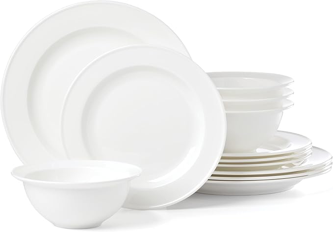 Lenox Dinnerware Set Studio 1414 Rimmed 12-Piece Set Service For 4 Bone China Material Dishwasher &amp Microwave Safe Home And Kitchen Kitchen And Dining Plates And Bowls Sets (White 12 Piece