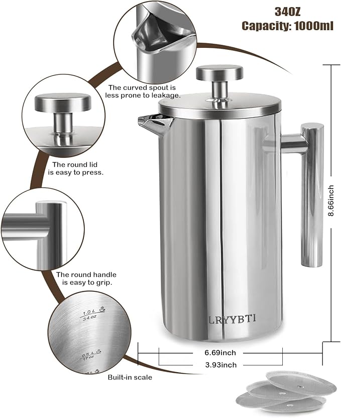French Press Coffee Maker304 Stainless Steel Coffee Press with scale lines and 2 Extra Filters for Kitchen &amp Camping (Silver 34 OZ) 1 Litre