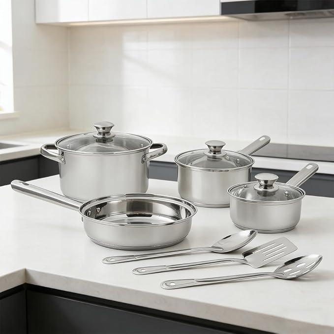 10-Piece Stainless Steel Cookware Set Dishwasher Safe Pots and Pans Set for Home Kitchen &amp Daily Cooking