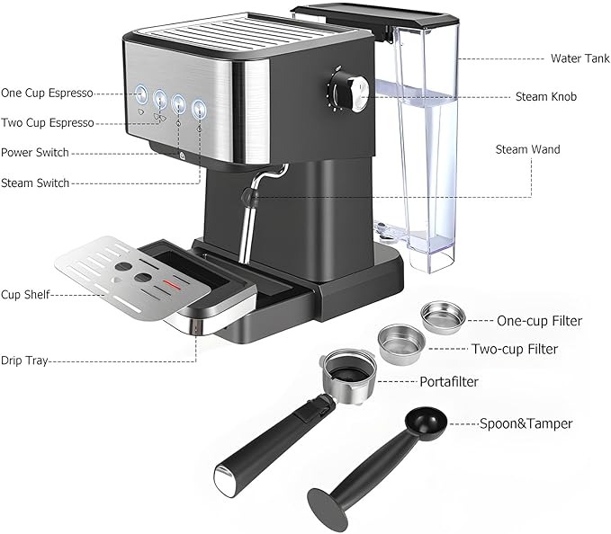 ZJchao Professional 15 Bar Machine 1050W Semi Automatic Coffee Maker with Milk Frother Steam Wand for Home Barista Quality Cappuccino Lattes Black ABS Stainless Steel 1.5L Water Tank (US Plug)