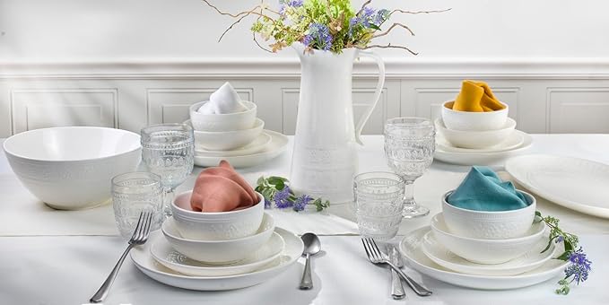 Euro Ceramica Fez Collection Stoneware Durable White 16-Piece Double Bowl Dinnerware Set Teardrop Mandala design Service for 4 with two sizes bowls assorted