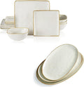 Famiware Ocean Square Plates and Bowls Sets + 3 Pcs Ocean Oval Serving Platter 15-Piece Dinnerware Sets for 4 White