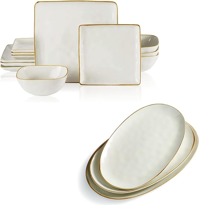 Famiware Ocean Square Plates and Bowls Sets + 3 Pcs Ocean Oval Serving Platter 15-Piece Dinnerware Sets for 4 White