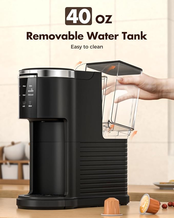 Kismile Single Serve Coffee Maker 2 in 1 Pod Coffee Maker Machine for K-Cup &amp Ground 6 to 14oz Brew Sizes 40oz Removable Water Reservoir LCD Screen Self-cleaning（Black）