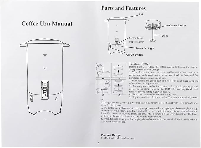 30-Cup Commercial Grade Coffee Maker Urn 5.2L Stainless Steel Electric Coffee Urn with Faucet 1000W Fast Heating Hot Beverage Dispenser Coffee Maker for Catering Cafes Party