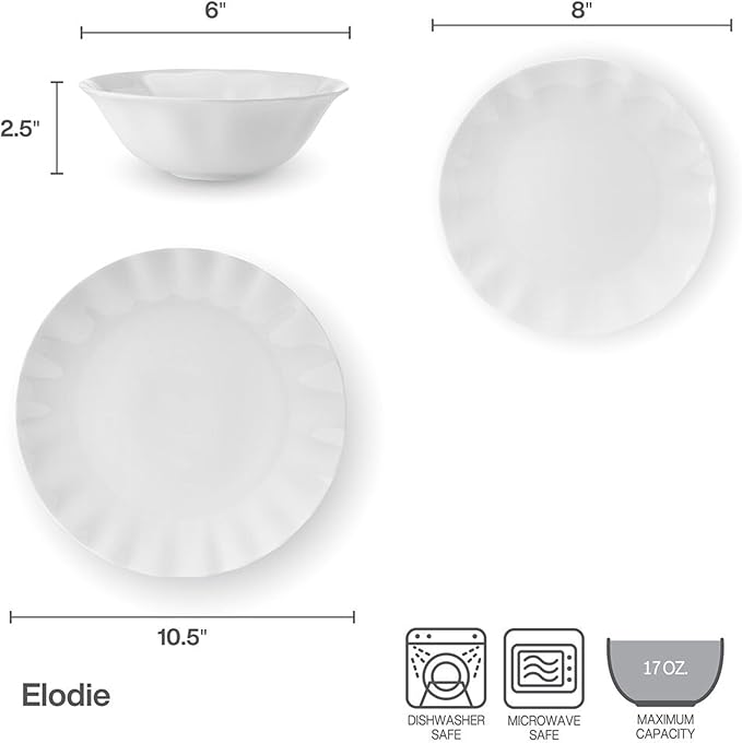 Mikasa Elodie Scalloped 12 Piece Bone China Durable Chip Resistant Lightweight Dinnerware Set Service for 4 White