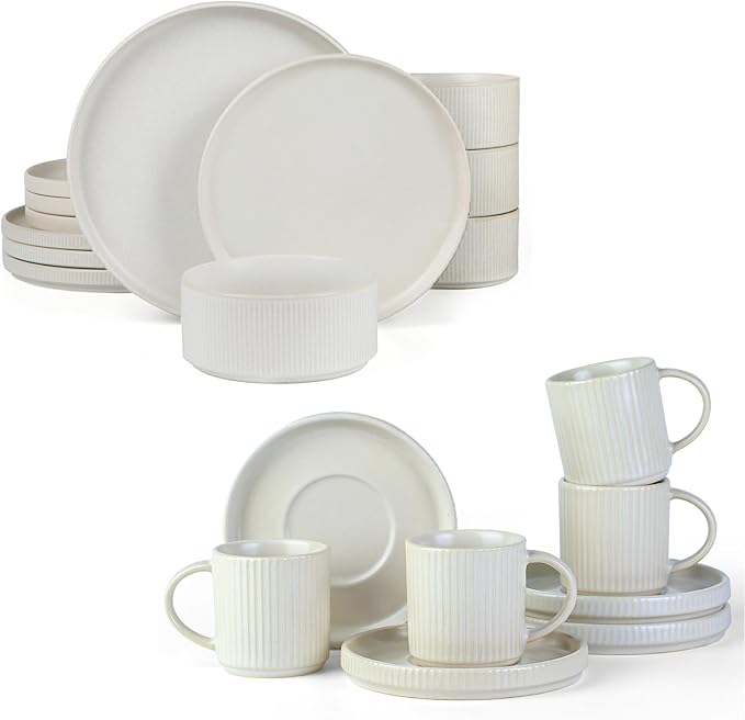 Famiware Star Dinnerware Set and Coffee Mugs Set Service for 4 (16 Pieces) - Stoneware Dinnerware Dishes Matte White
